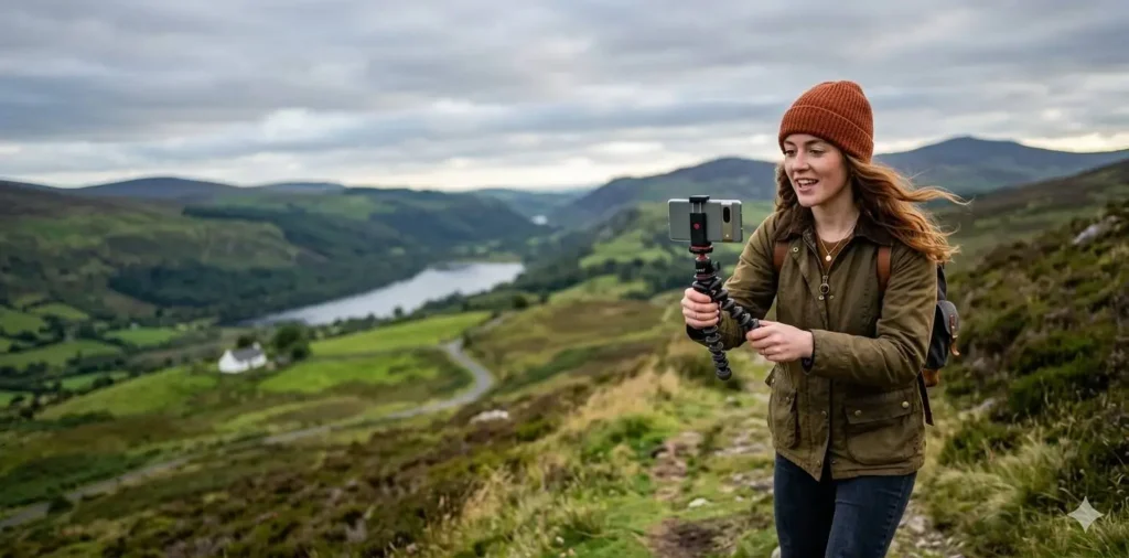 Girl filming Irish scenery for social media