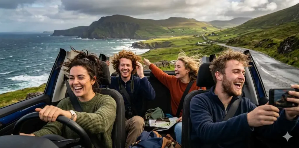 Friends driving along scenic Irish coastline