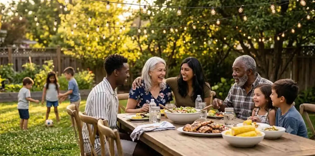 Family sharing a joyful backyard summer meal