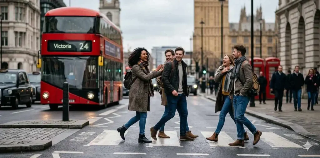 Friends crossing street near London landmark