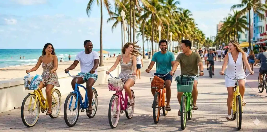 Friends laughing during Miami vacation