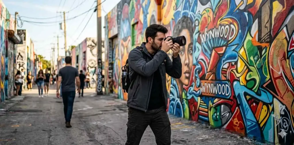 Photographer capturing colorful Miami street scene