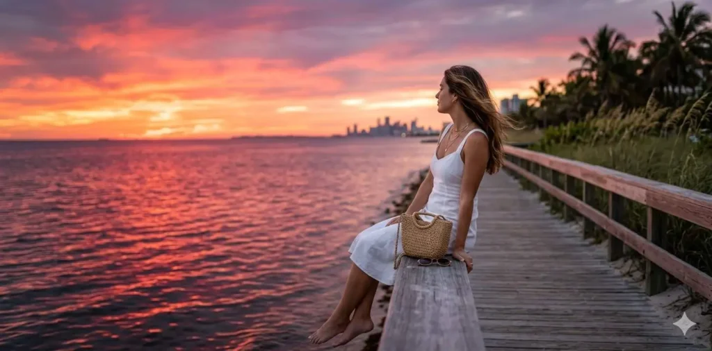 Woman watching sunset over Miami beach