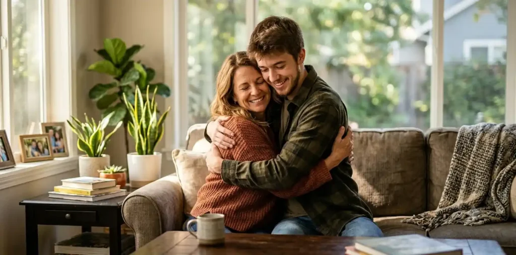 Mother hugging her son with affection