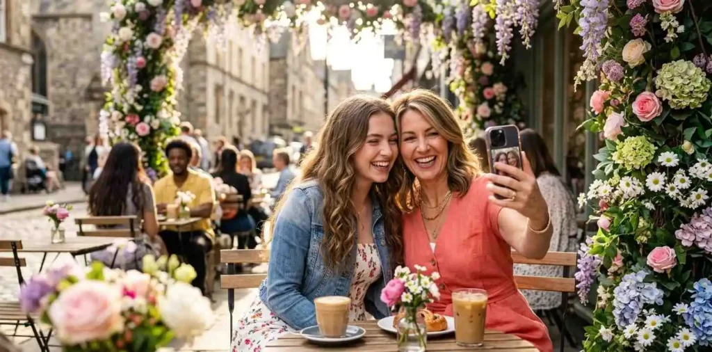 Mother and daughter taking selfie outdoors