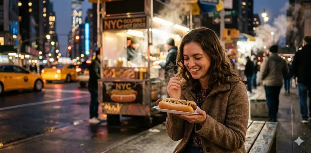 Person enjoying street food in New York City