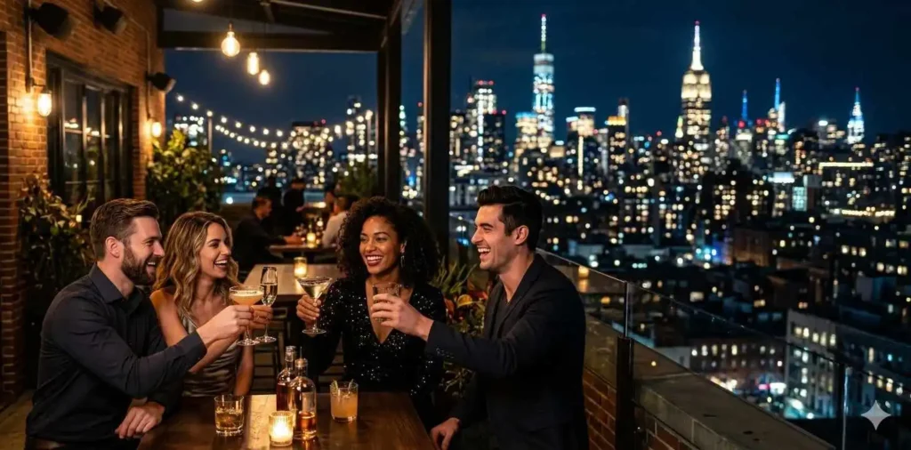 Friends enjoying nightlife in New York bar