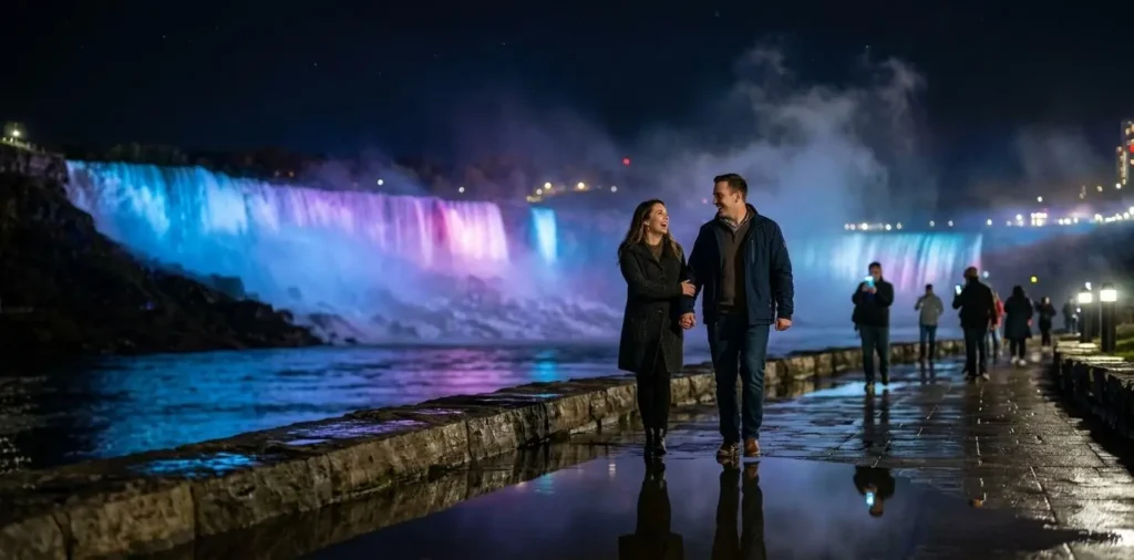 Couple enjoying illuminated waterfall at night
