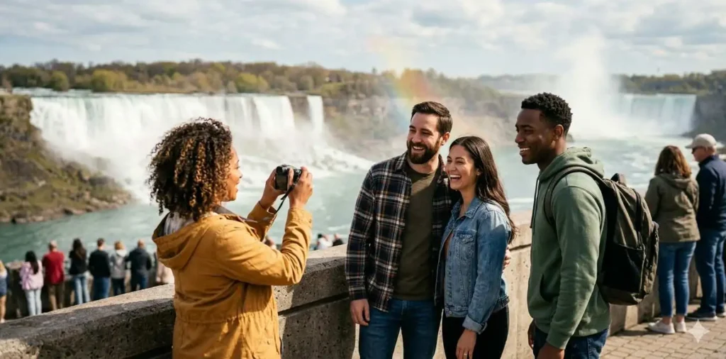 Friends exploring scenic viewpoint near waterfall