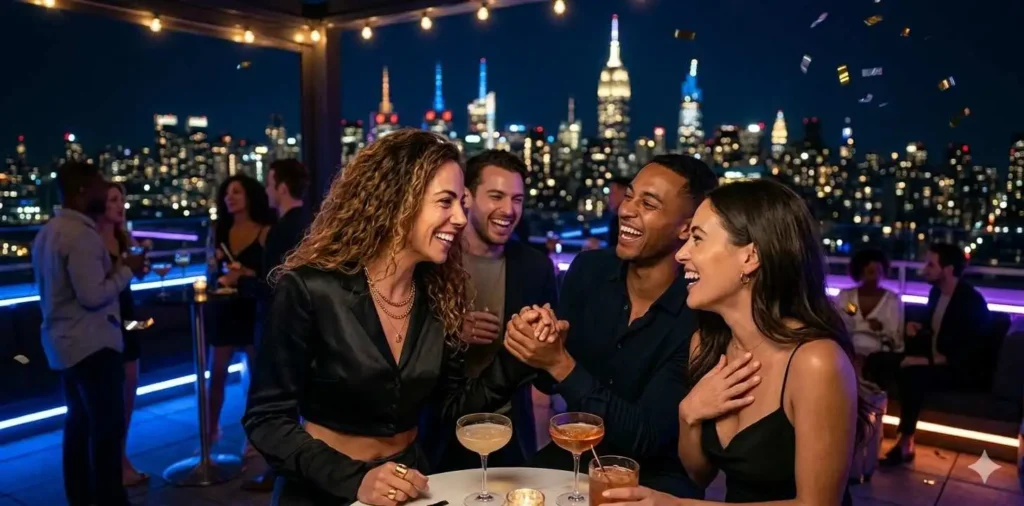 Friends enjoying rooftop city nightlife