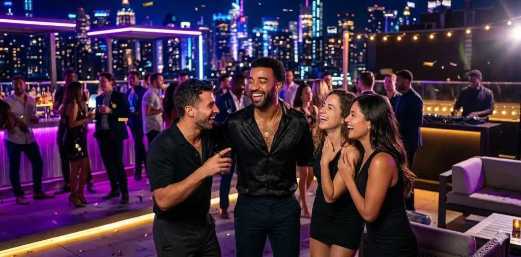 Friends enjoying a lively rooftop party