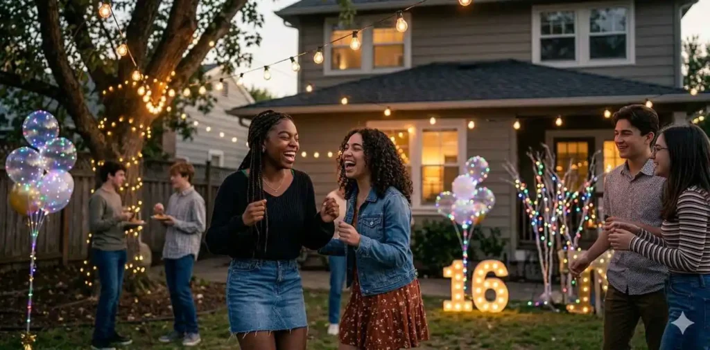 Friends celebrating under glowing party lights
