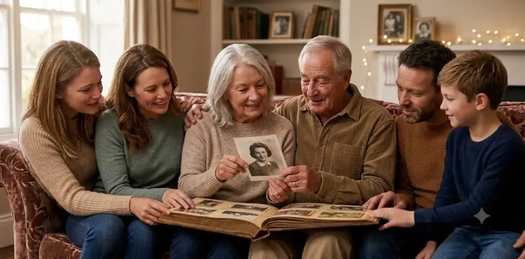 Family looking through old photo albums together