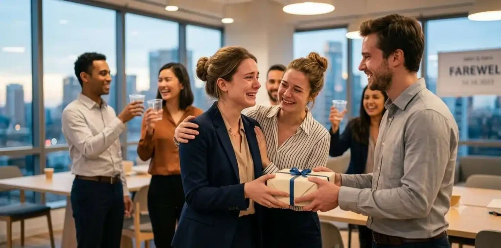 Coworkers applauding during a heartfelt office farewell celebration