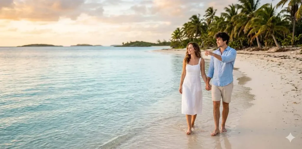 Couple enjoying tropical island beach view