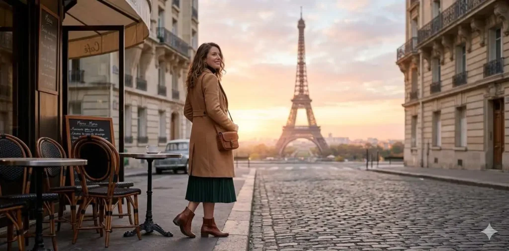 Woman admiring Eiffel Tower at sunrise