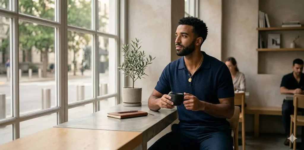 Stylish man enjoying coffee by a window