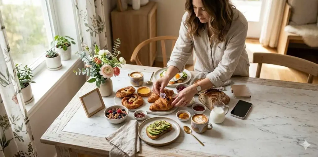 Woman styling brunch table for photos