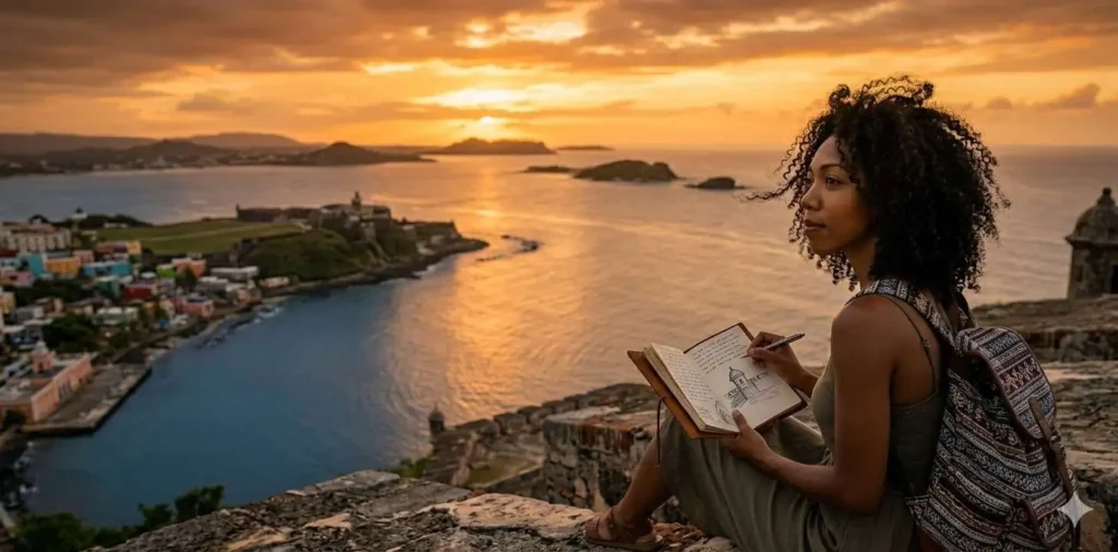 Traveler viewing sunset over Puerto Rico