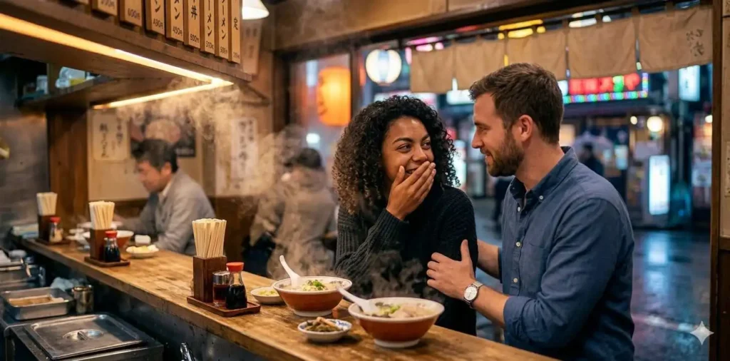 Couple enjoying ramen together in cozy restaurant
