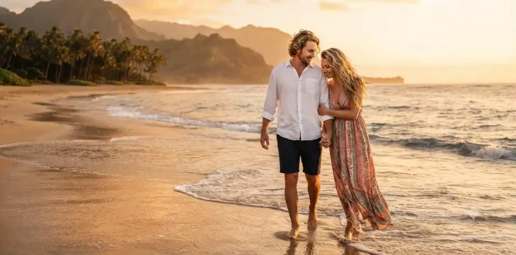Couple sharing a sunset walk on the beach