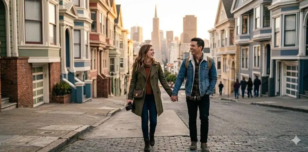 Couple sharing a romantic city walk