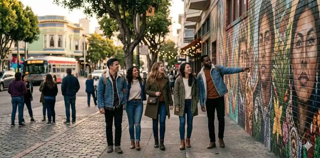 Friends exploring a vibrant cultural neighborhood