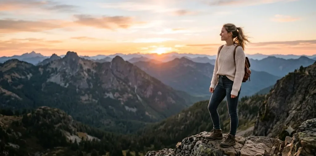 Young woman reflecting beside a scenic overlook