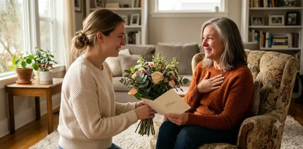 Daughter giving flowers to her mother