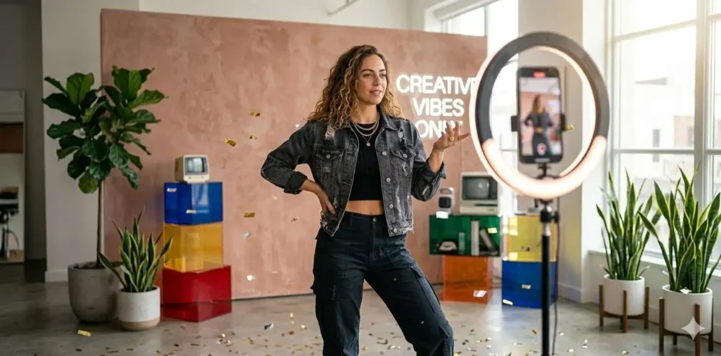 Woman filming trendy social media content