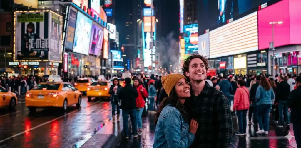 Friends enjoying vibrant Times Square lights