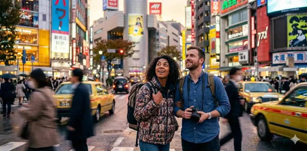 Travelers exploring neon Tokyo streets at night