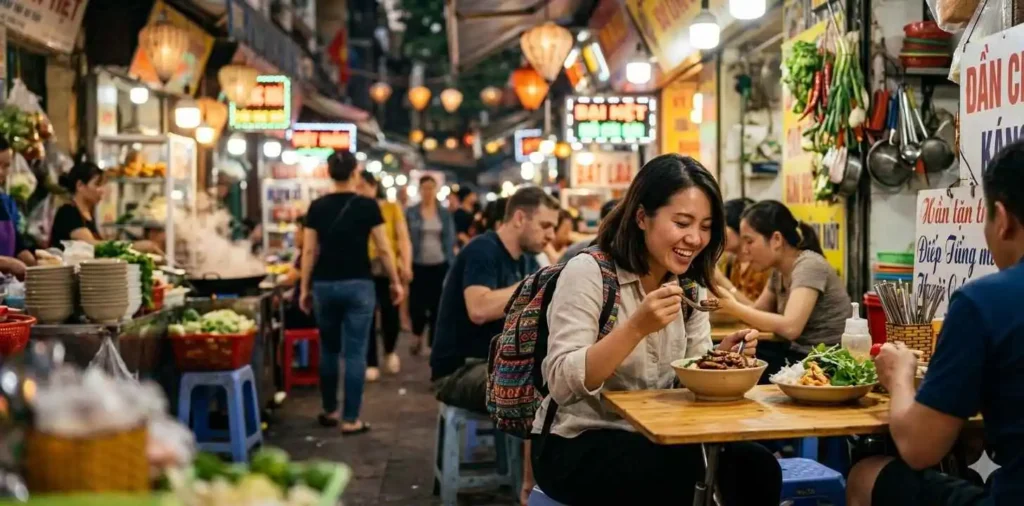 Traveler enjoying local street food abroad