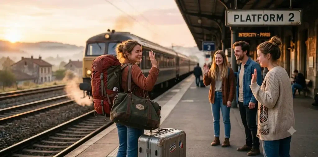 Traveler waving goodbye before boarding a scenic train