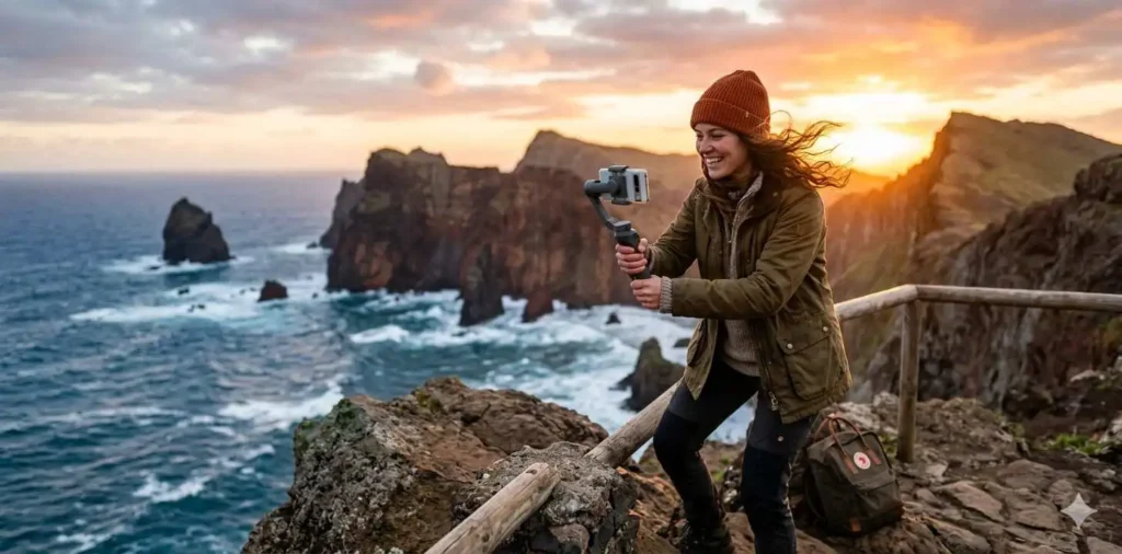 Traveler filming a scenic coastal journey