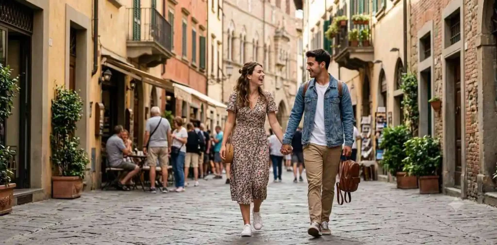 Couple exploring colorful European street