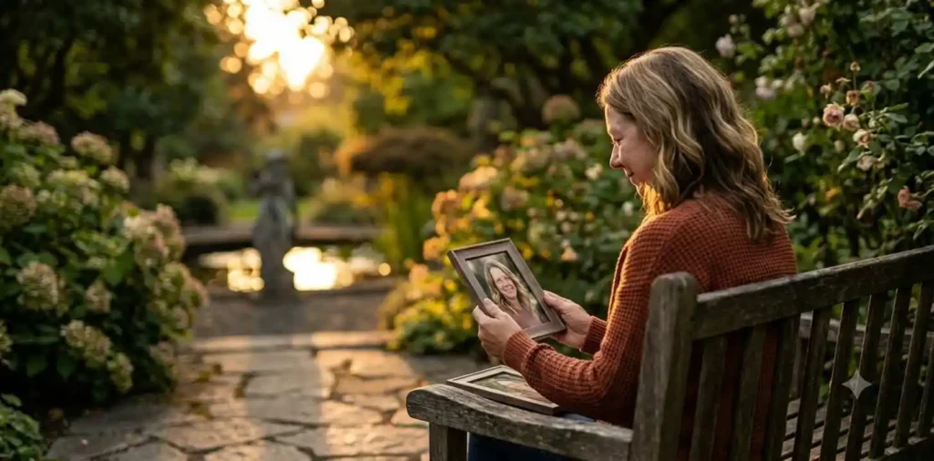 Woman holding framed photo of her mother
