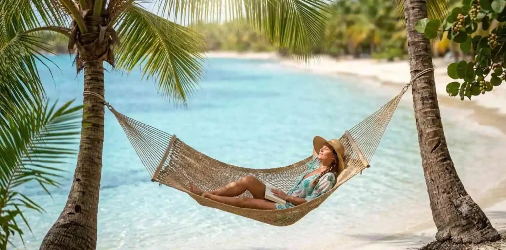 Woman relaxing in hammock beside turquoise water