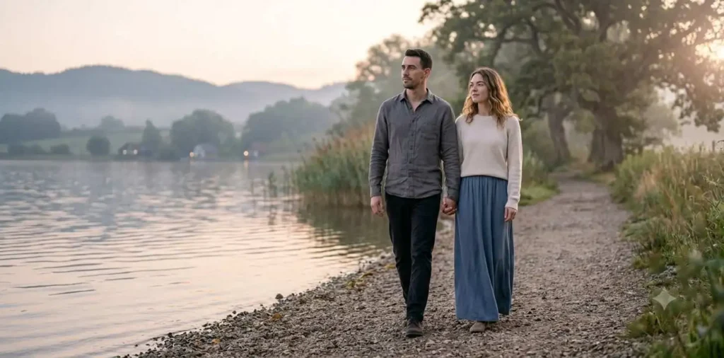 Couple holding hands during peaceful walk