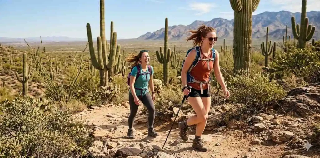 Friends hiking through desert trail