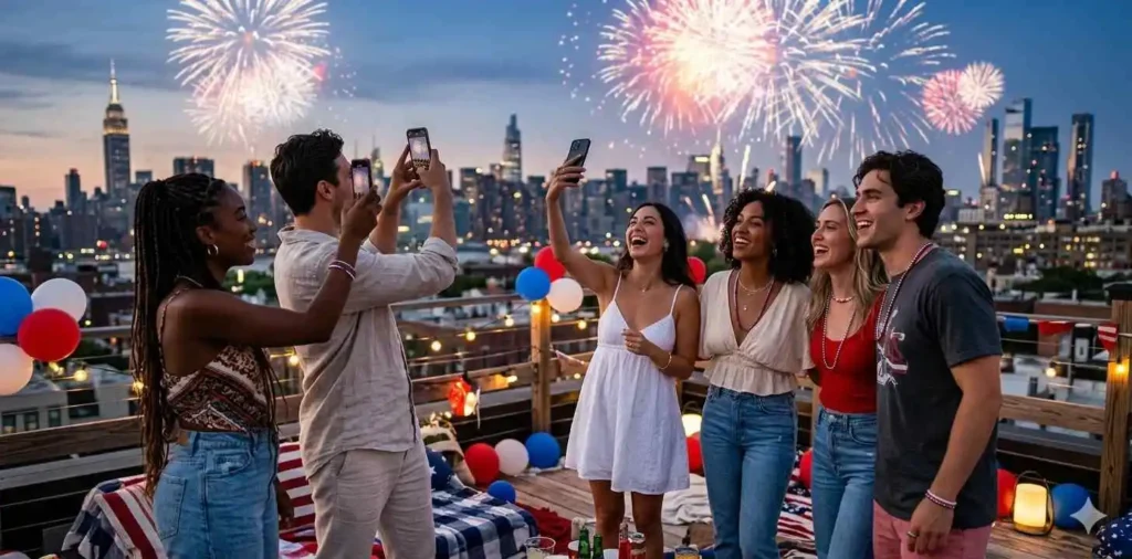 Friends capturing fireworks with smartphones