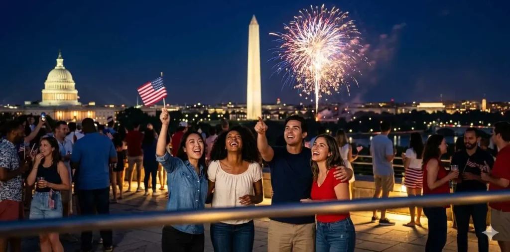 Crowd watching fireworks near national landmarks
