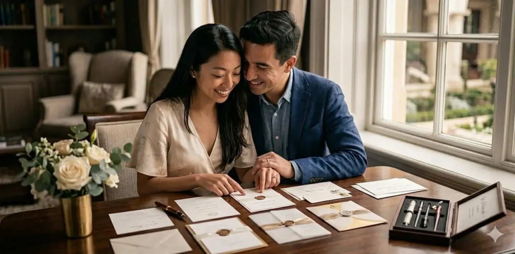 Bride and groom reviewing wedding invitation