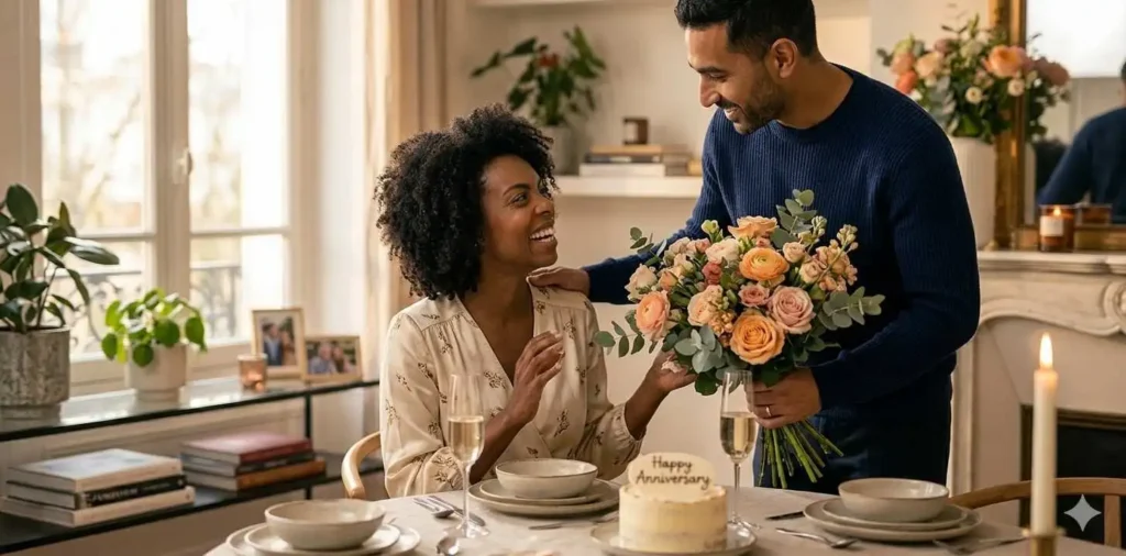 Husband surprising wife with flowers indoors