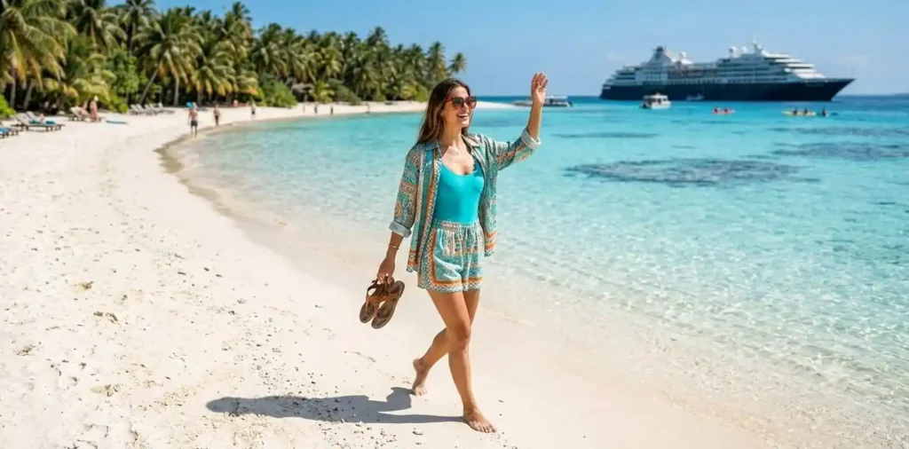 Woman exploring tropical island from cruise