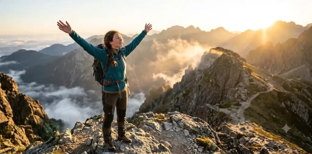 Hiker standing on mountain summit at sunrise