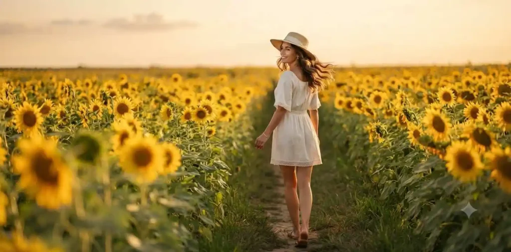 Woman enjoying golden hour in a sunflower field
