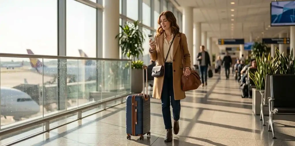 Traveler walking through modern airport terminal