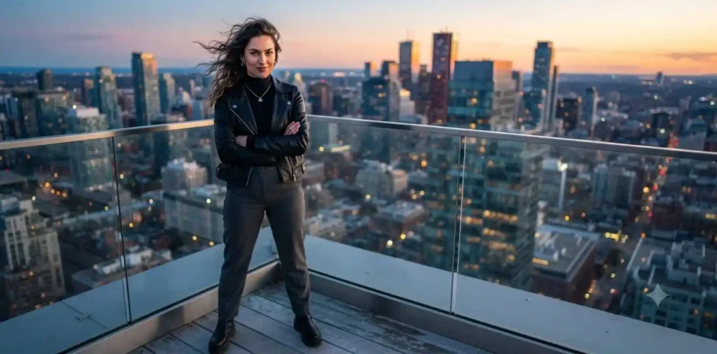 Confident woman posing on a city rooftop