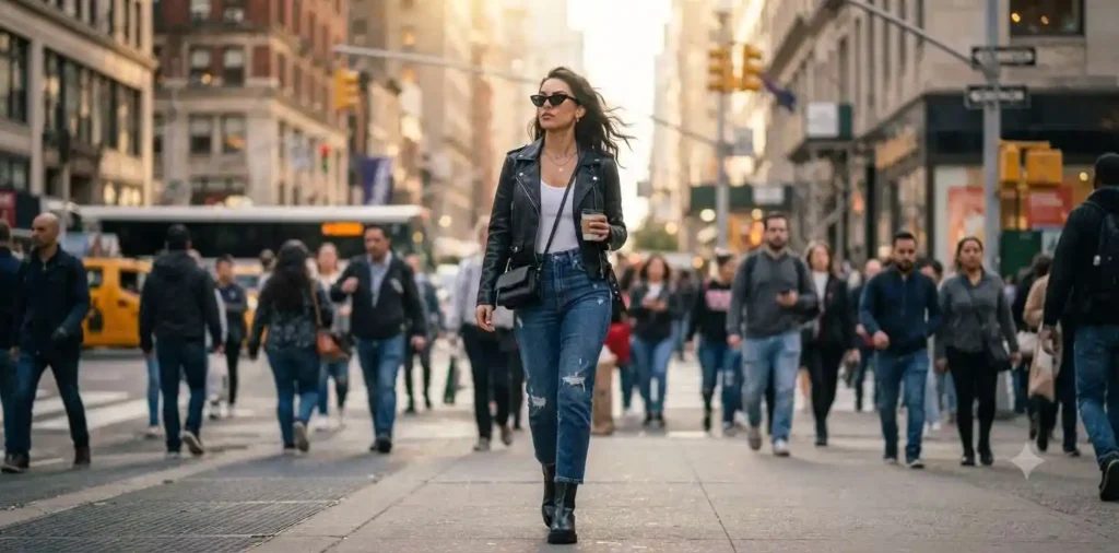 Confident woman walking through an urban street